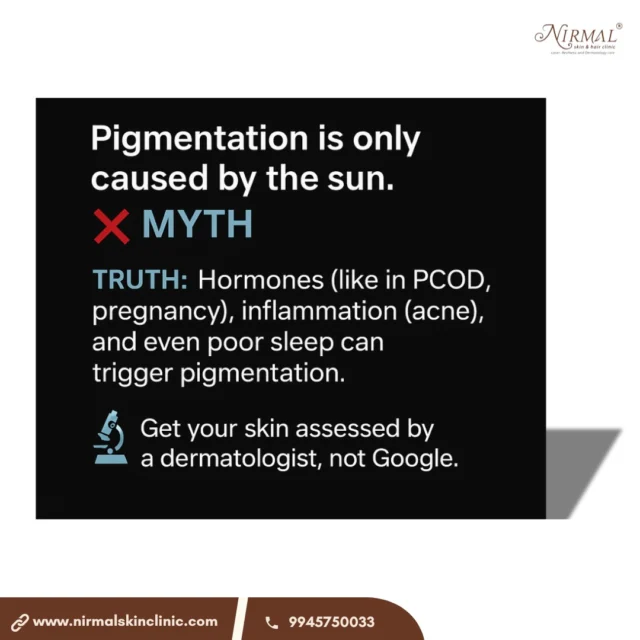 “Pigmentation? It’s not just the sun.”
☀️ Yes, UV rays are a major culprit — but they’re not alone.
Hormonal imbalances (like PCOD & pregnancy), acne inflammation, and even poor sleep can cause stubborn dark patches too.

At Nirmal Skin & Hair Clinic, we believe in treating the cause, not just the color.
✨ Personalized pigmentation mapping
✨ Q-Switched Laser, peels & protocols tailored to Indian skin
✨ Results that don’t rely on filters

Get a real diagnosis — not Google guesses.
📍 Vijayanagar, Bengaluru
📞 9945750033 | 🌐 www.nirmalskinclinic.com

#PigmentationTreatment #MelasmaCure #SkincareMythsBusted #QSwitchedLaser #DermatologistBangalore #HyperpigmentationHelp #SkinClinicIndia #NirmalSkinClinic #EvenSkinTone #VijayanagarDermatologist #PCODSkinCare